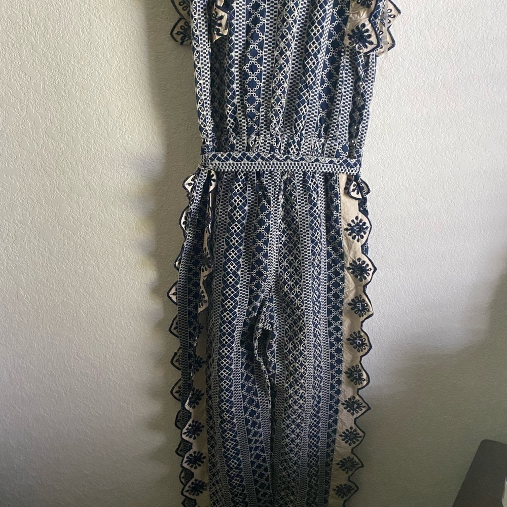 Chloe Laetitia Ruffle Detail Embroidered Eyelet Blue Cream Belted Jumpsuit Sz S - Picture 13 of 16